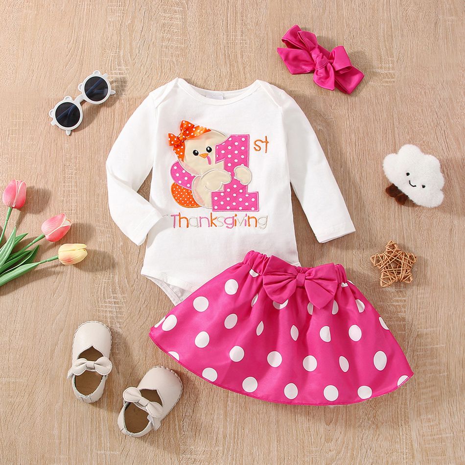 Thanksgiving Day 3pcs Baby Girl 95% Cotton Long-sleeve Turkey & Letter Embroidered Romper and Polka Dot Print Skirt with Headband Set Pink