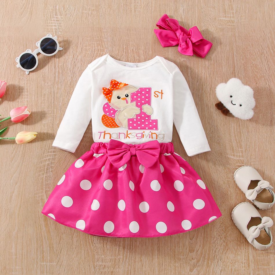 Thanksgiving Day 3pcs Baby Girl 95% Cotton Long-sleeve Turkey & Letter Embroidered Romper and Polka Dot Print Skirt with Headband Set Pink big image 3