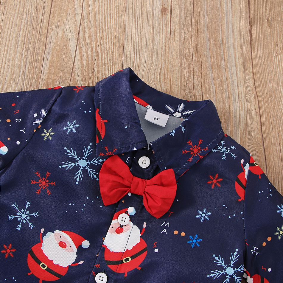 2pcs Toddler Boy Christmas Santa Print Shirt and Red Pants Set Deep Blue big image 3