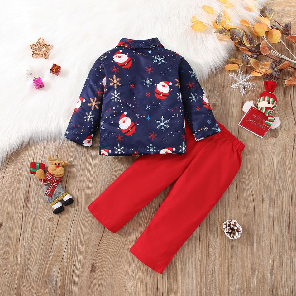 2pcs Toddler Boy Christmas Santa Print Shirt and Red Pants Set Deep Blue big image 2