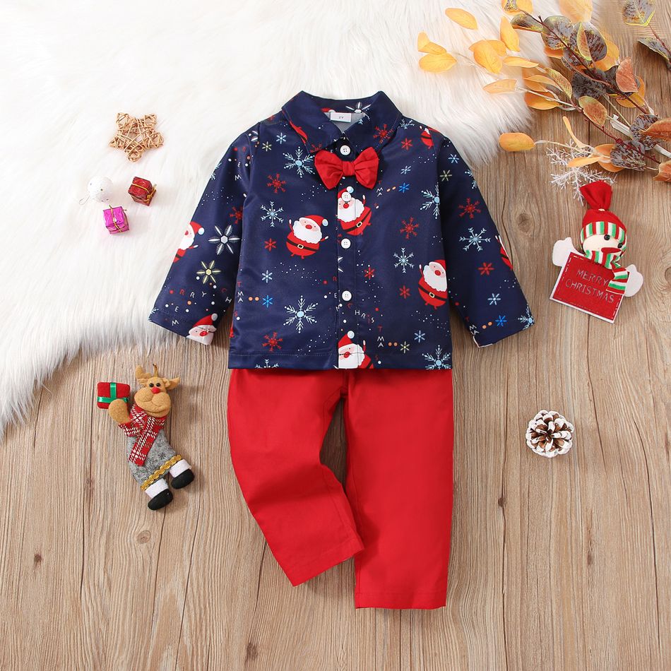 2 قطع طفل صبي عيد الميلاد سانتا طباعة قميص ومجموعة السراويل الحمراء ازرق غامق