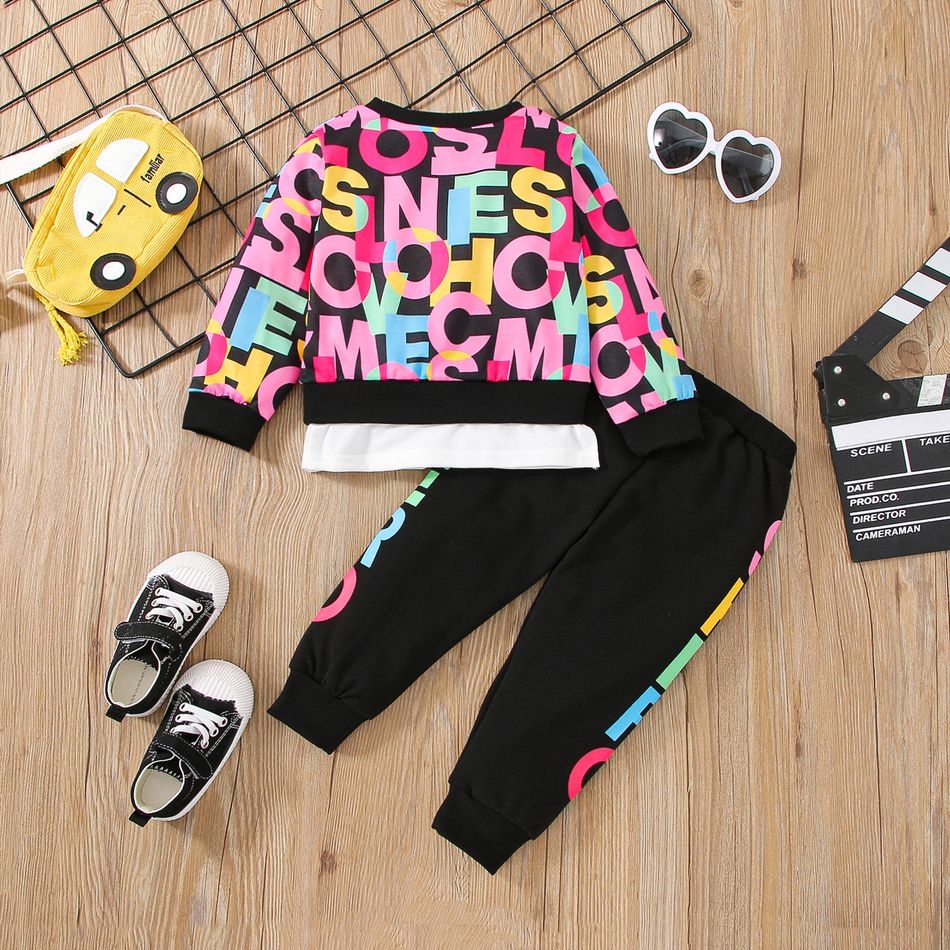 2pcs Toddler Girl Trendy Faux-two Letter Print Sweatshirt and Pants Set Multi-color big image 3