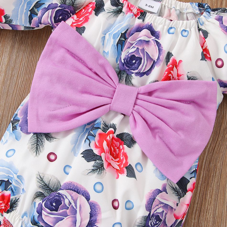 3pcs Baby Girl Allover Floral Print Flare-sleeve Bow Front Romper and Headband with Calf Sleeves Set Purple big image 4