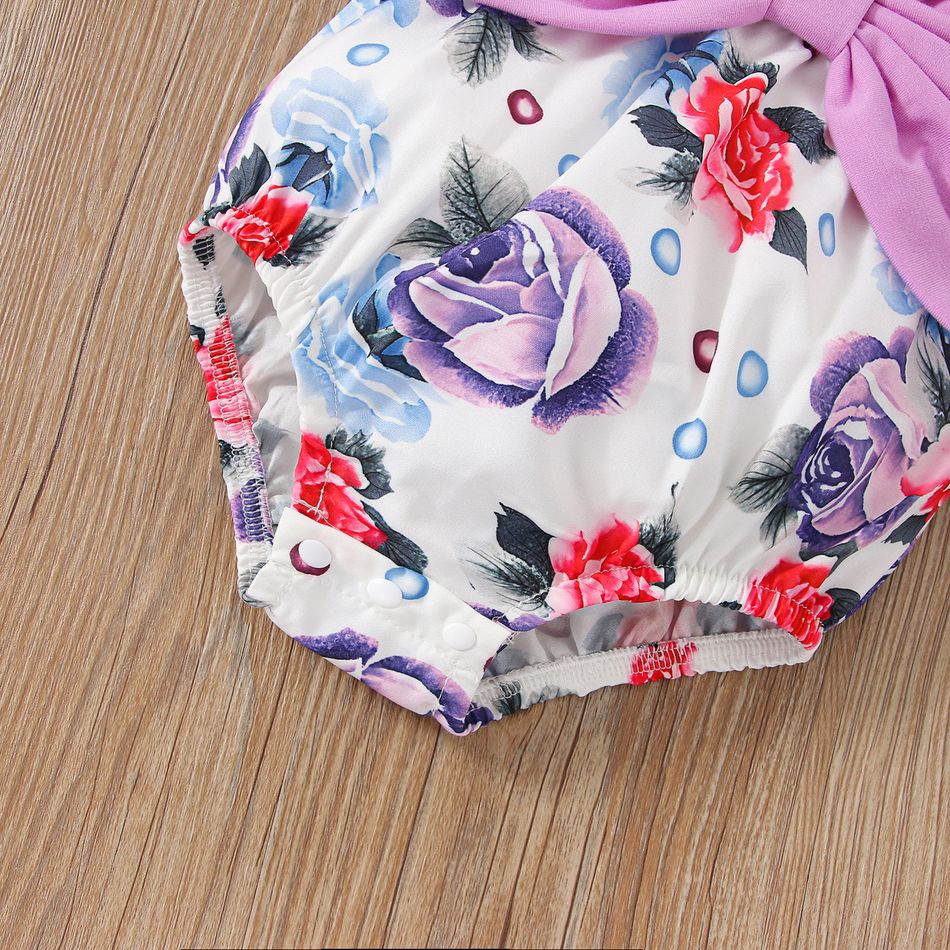 3pcs Baby Girl Allover Floral Print Flare-sleeve Bow Front Romper and Headband with Calf Sleeves Set Purple big image 5