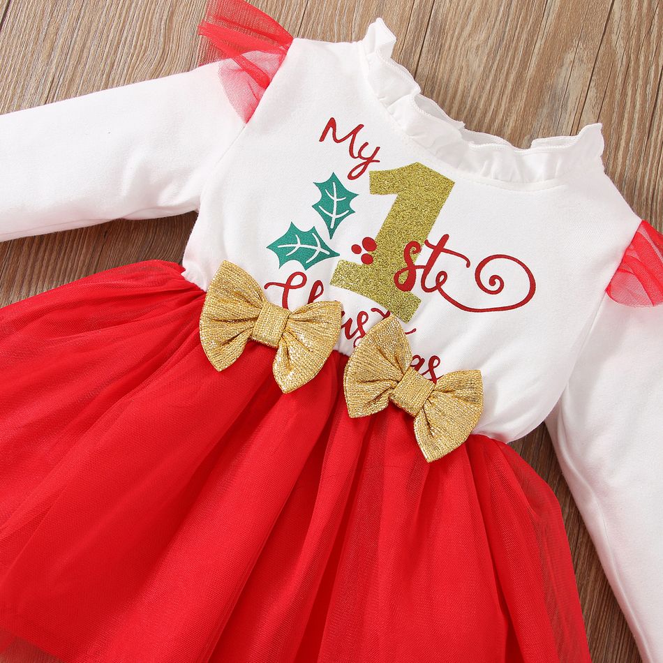 Christmas 2pcs Baby Girl 95% Cotton Frill Trim Mock Neck Long-sleeve Letter Print Bow Front Mesh Dress with Headband Set White big image 6