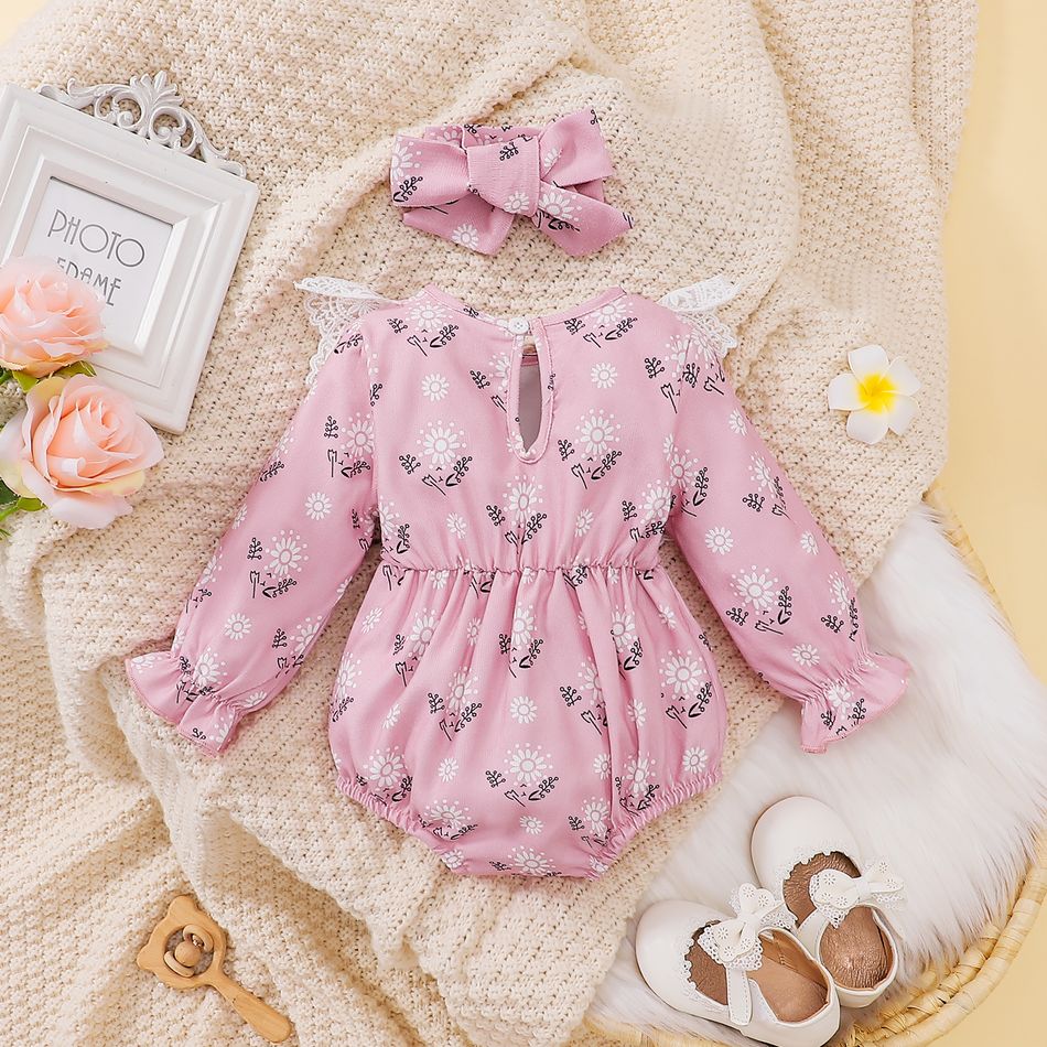 2pcs Baby Girl Allover Floral Print Corduroy Spliced Lace Long-sleeve Bow Front Romper with Headband Set Pink big image 2