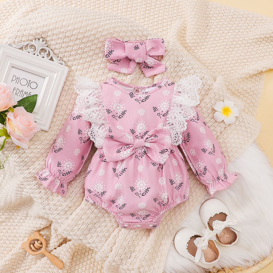 2pcs Baby Girl Allover Floral Print Corduroy Spliced Lace Long-sleeve Bow Front Romper with Headband Set Pink big image 1
