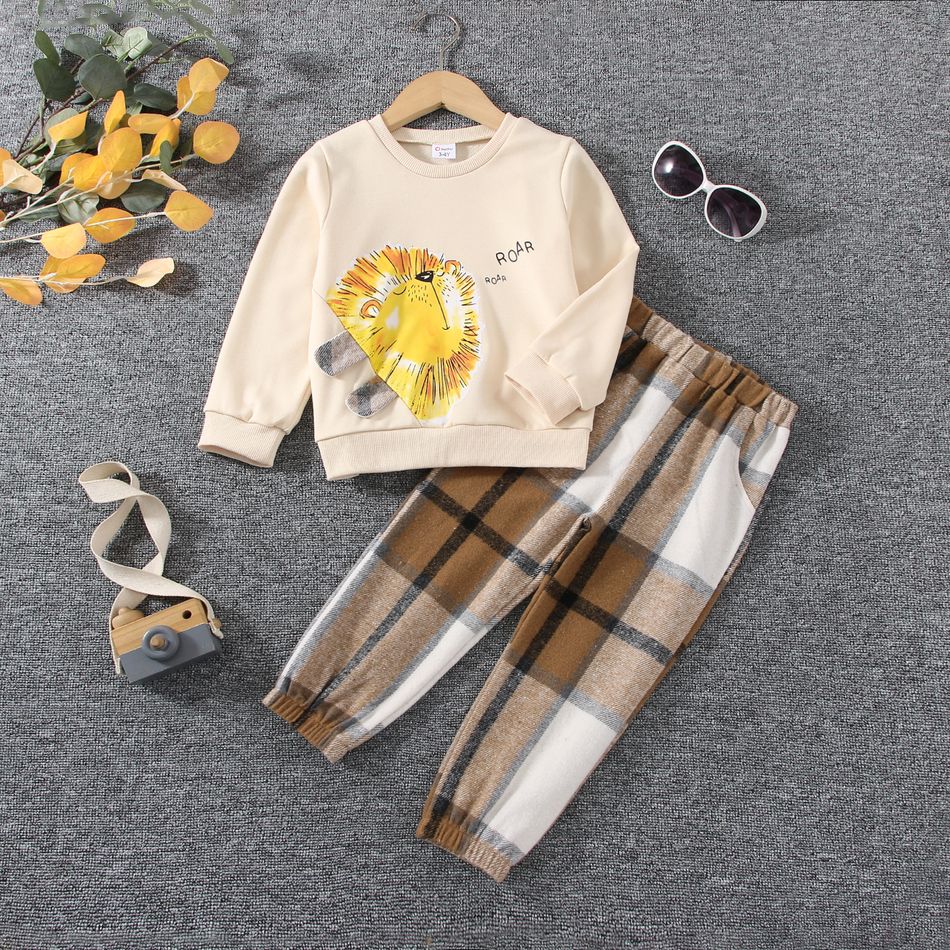 2pcs Toddler Boy Playful Lion Print Sweatshirt and Plaid Pants Set Creamcolored big image 8