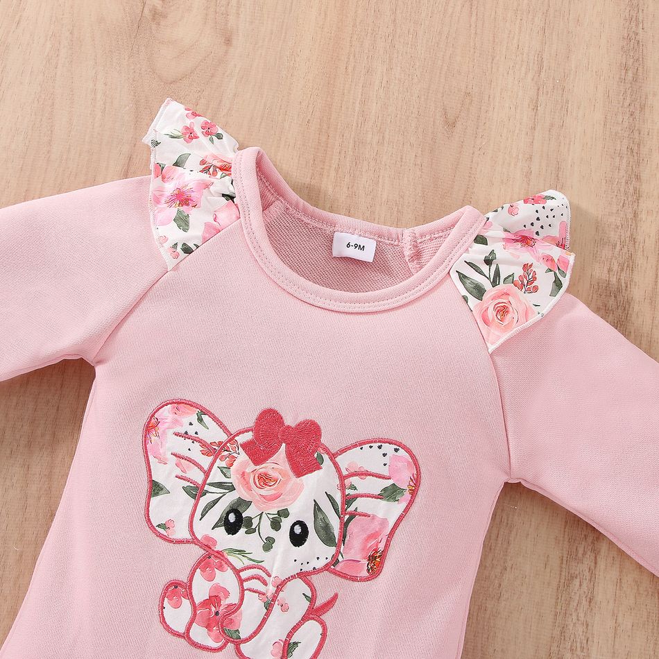 2pcs Baby Girl Elephant Embroidered Pink Floral Ruffle Trim Long-sleeve Jumpsuit with Headband Set Pink big image 3