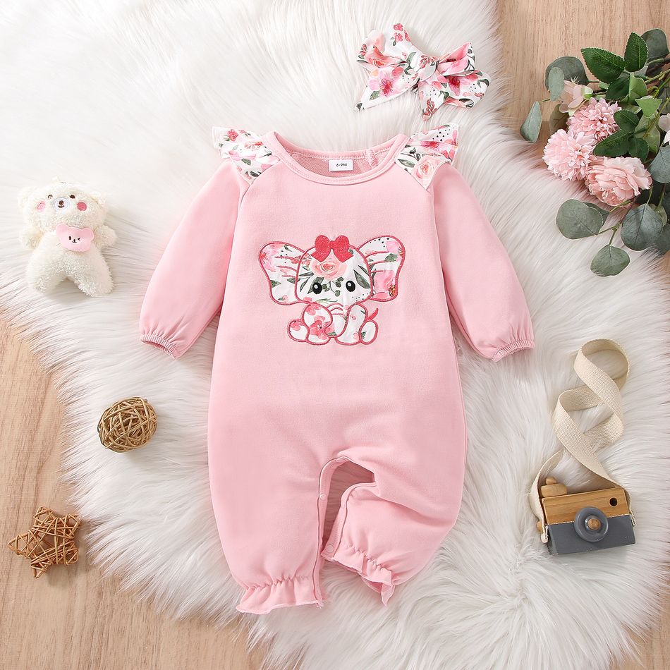 2pcs Baby Girl Elephant Embroidered Pink Floral Ruffle Trim Long-sleeve Jumpsuit with Headband Set Pink