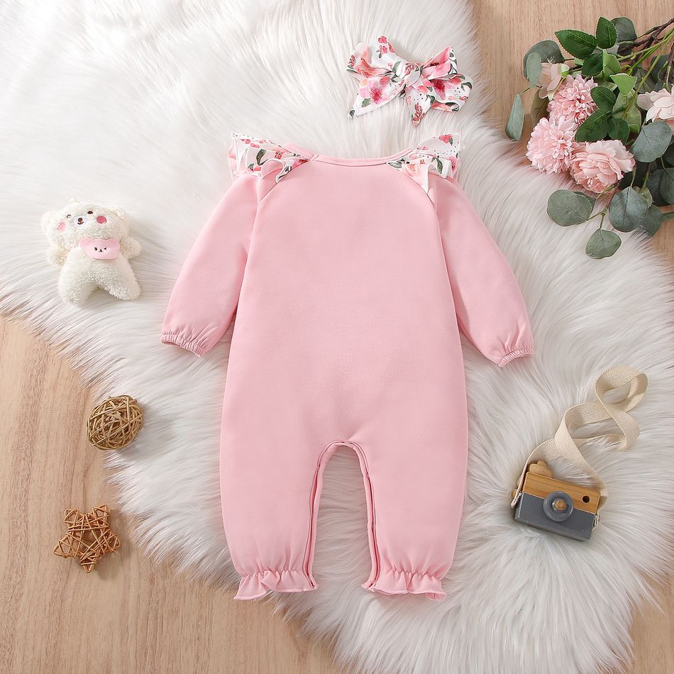 2pcs Baby Girl Elephant Embroidered Pink Floral Ruffle Trim Long-sleeve Jumpsuit with Headband Set Pink big image 2