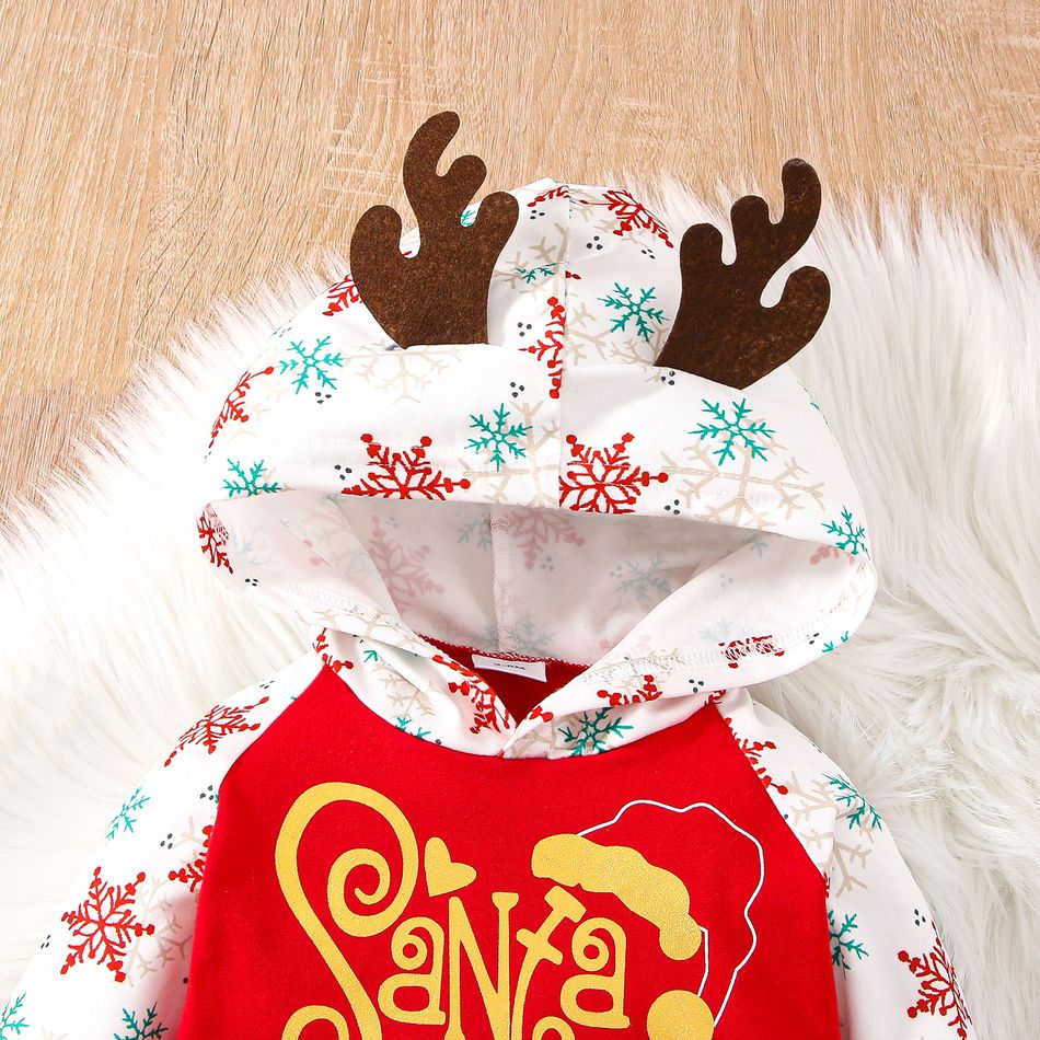 Christmas Baby Boy/Girl 95% Cotton Letter Graphic Spliced Snowflake Print Long-sleeve 3D Antler Hooded Jumpsuit REDWHITE big image 3