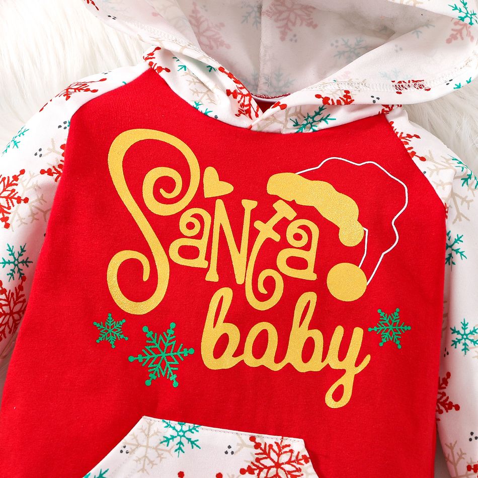 Christmas Baby Boy/Girl 95% Cotton Letter Graphic Spliced Snowflake Print Long-sleeve 3D Antler Hooded Jumpsuit REDWHITE big image 4