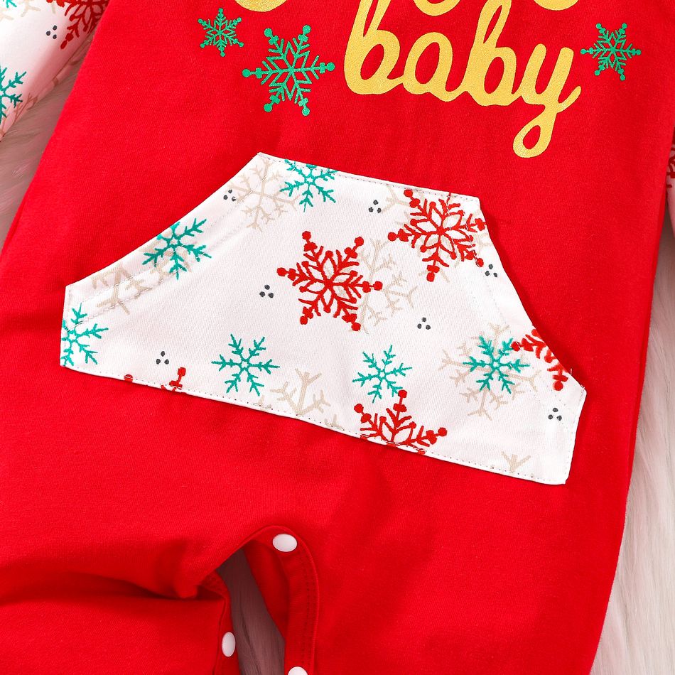 Christmas Baby Boy/Girl 95% Cotton Letter Graphic Spliced Snowflake Print Long-sleeve 3D Antler Hooded Jumpsuit REDWHITE big image 5