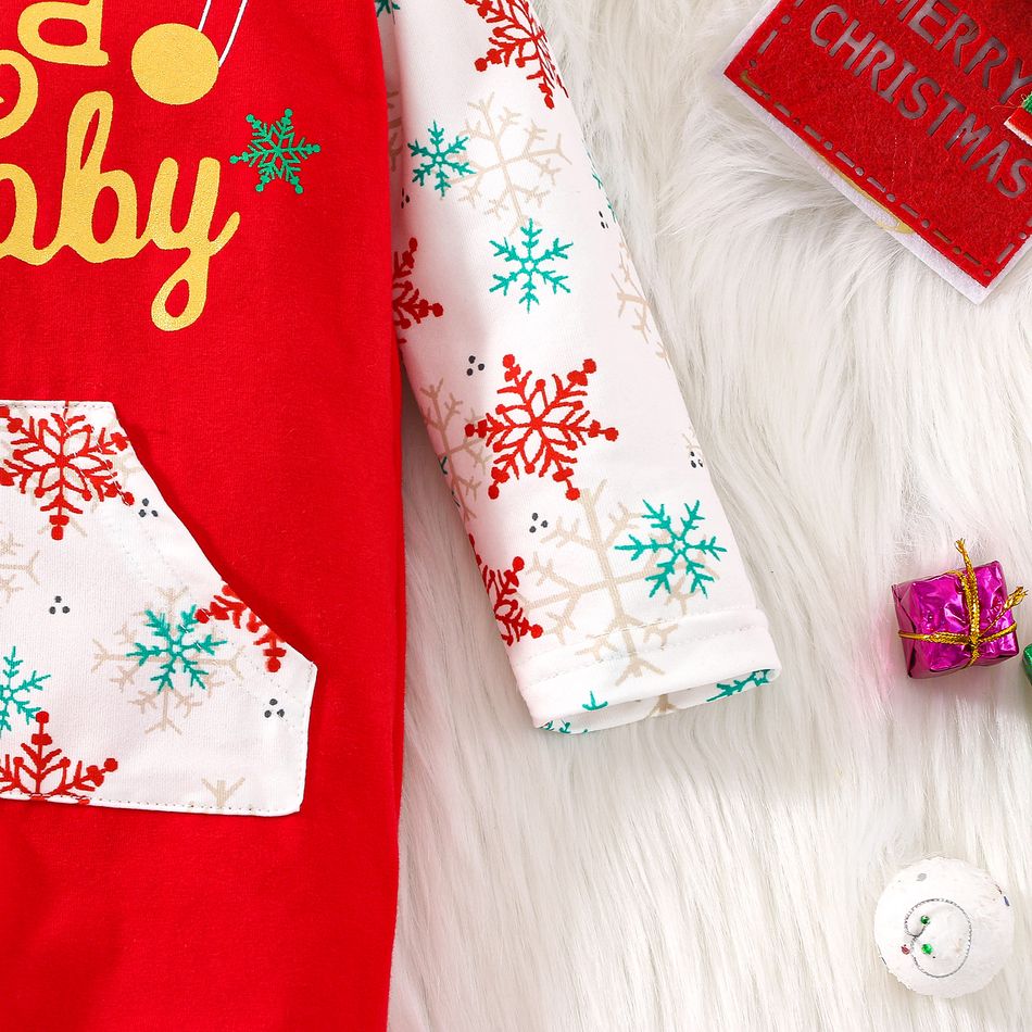 Christmas Baby Boy/Girl 95% Cotton Letter Graphic Spliced Snowflake Print Long-sleeve 3D Antler Hooded Jumpsuit REDWHITE big image 6