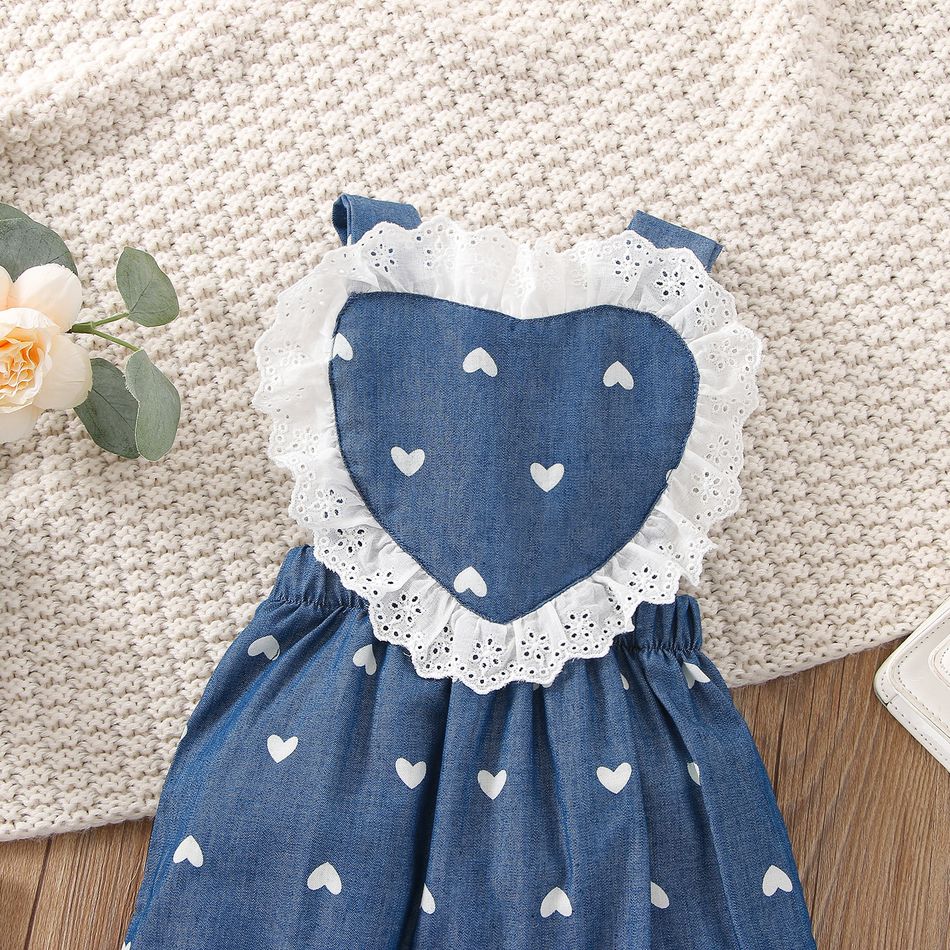 Baby Girl Allover Heart Print Lace Detail Imitation Denim Overalls DENIMBLUE big image 3