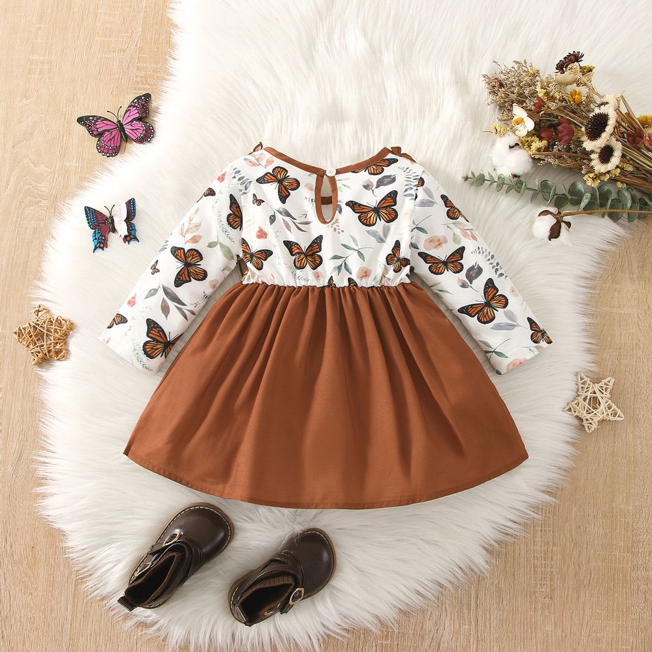 2pcs Baby Girl Butterfly Print Long-sleeve Spliced Solid Ruffle Trim Bow Front Dress with Headband Set Brown big image 2