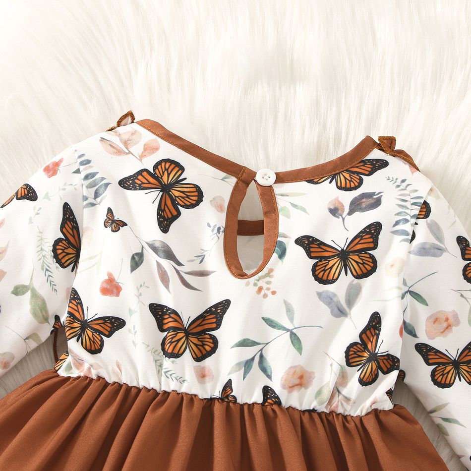 2pcs Baby Girl Butterfly Print Long-sleeve Spliced Solid Ruffle Trim Bow Front Dress with Headband Set Brown big image 5