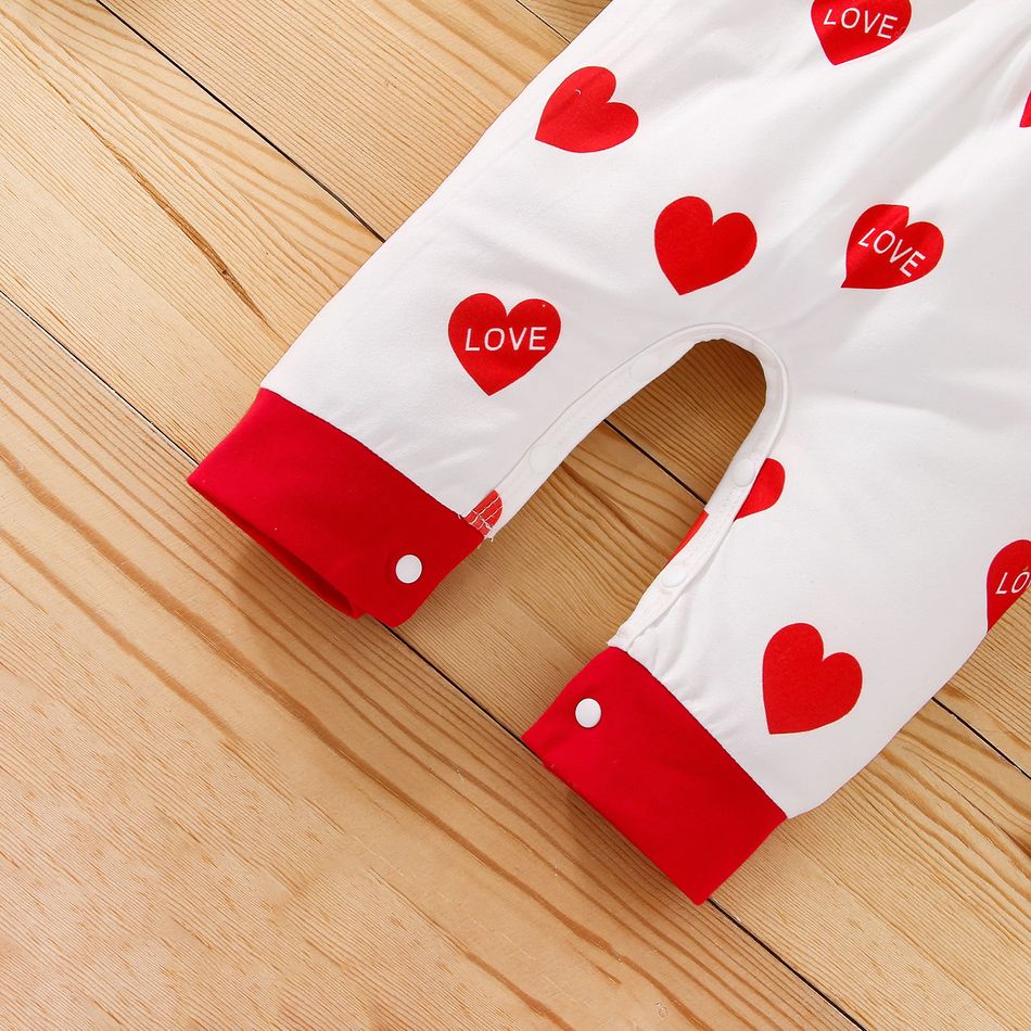 Valentine's Day 2pcs Baby Girl Allover Heart Print Long-sleeve Bow Front Jumpsuit with Headband Set Red big image 6