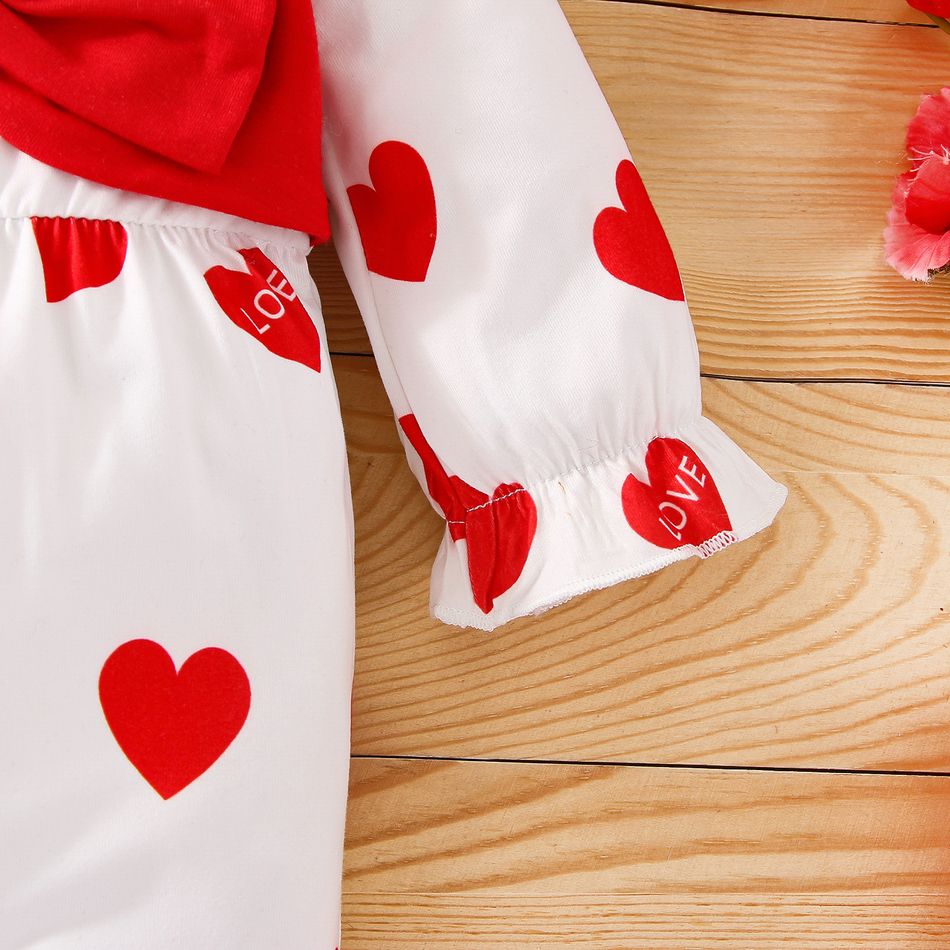 Valentine's Day 2pcs Baby Girl Allover Heart Print Long-sleeve Bow Front Jumpsuit with Headband Set Red big image 5