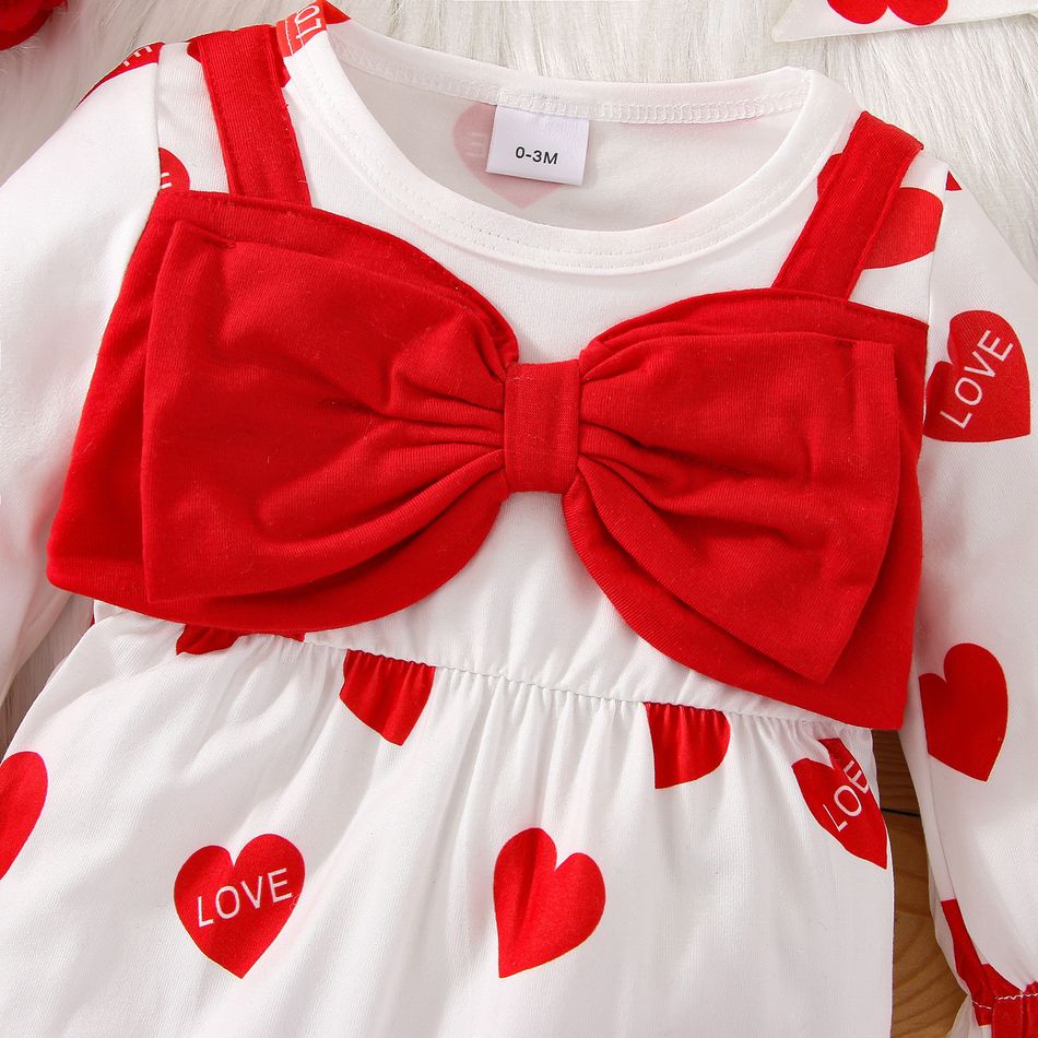 Valentine's Day 2pcs Baby Girl Allover Heart Print Long-sleeve Bow Front Jumpsuit with Headband Set Red big image 4