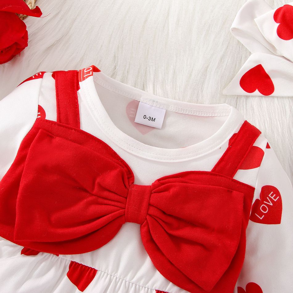 Valentine's Day 2pcs Baby Girl Allover Heart Print Long-sleeve Bow Front Jumpsuit with Headband Set Red big image 3