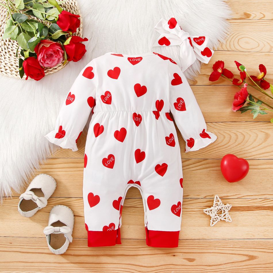 Valentine's Day 2pcs Baby Girl Allover Heart Print Long-sleeve Bow Front Jumpsuit with Headband Set Red big image 2