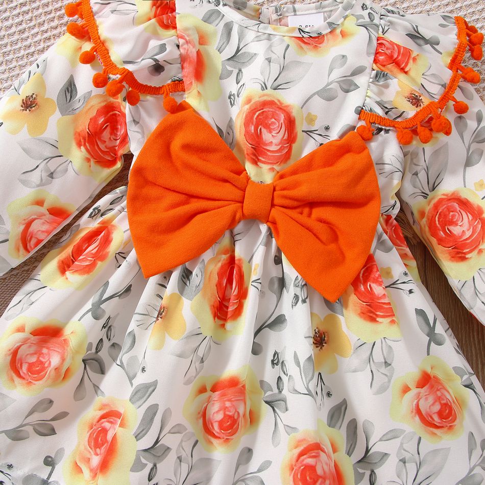 Baby Girl Allover Floral Print Ruffle Trim Pom Poms Bow Decor Long-sleeve Dress Orange big image 5