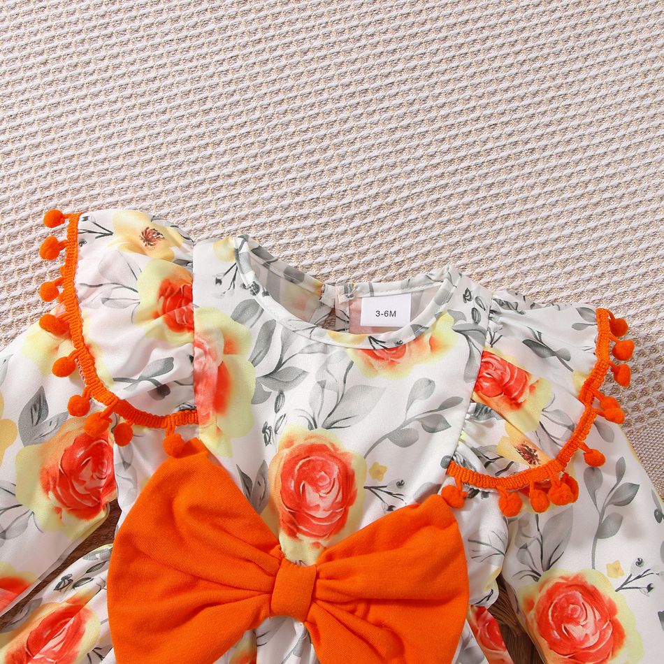 Baby Girl Allover Floral Print Ruffle Trim Pom Poms Bow Decor Long-sleeve Dress Orange big image 3
