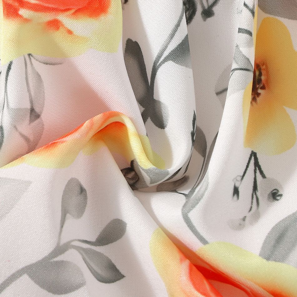Baby Girl Allover Floral Print Ruffle Trim Pom Poms Bow Decor Long-sleeve Dress Orange