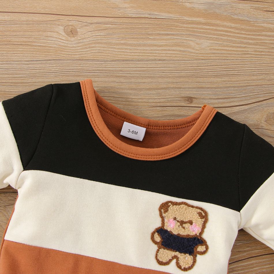 2pcs Baby Boy/Girl Bear Embroidered Long-sleeve Colorblock Romper and Pants Set Brown big image 4