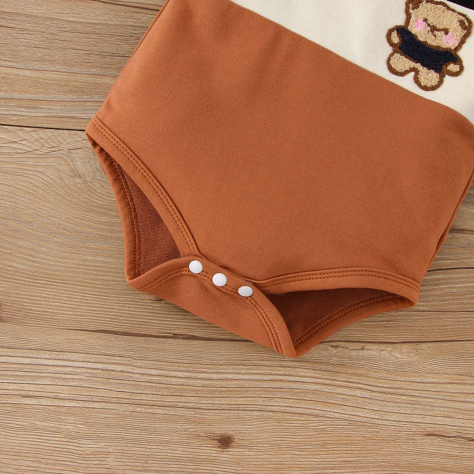2pcs Baby Boy/Girl Bear Embroidered Long-sleeve Colorblock Romper and Pants Set Brown big image 6