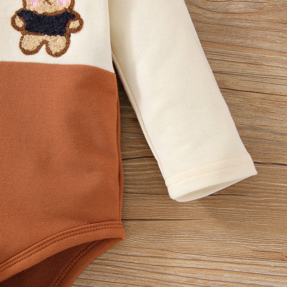 2pcs Baby Boy/Girl Bear Embroidered Long-sleeve Colorblock Romper and Pants Set Brown big image 5