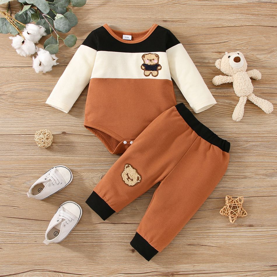 2pcs Baby Boy/Girl Bear Embroidered Long-sleeve Colorblock Romper and Pants Set Brown big image 3