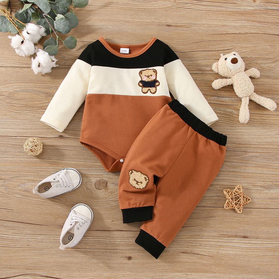 2pcs Baby Boy/Girl Bear Embroidered Long-sleeve Colorblock Romper and Pants Set Brown big image 1