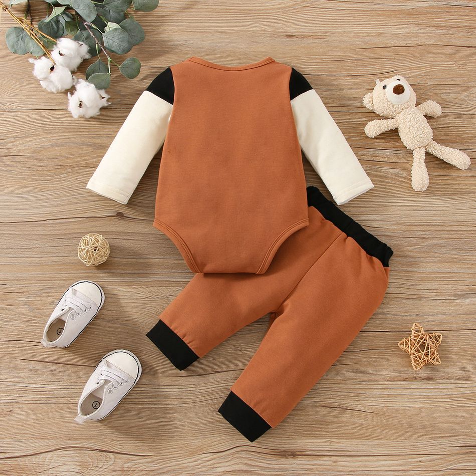 2pcs Baby Boy/Girl Bear Embroidered Long-sleeve Colorblock Romper and Pants Set Brown big image 2