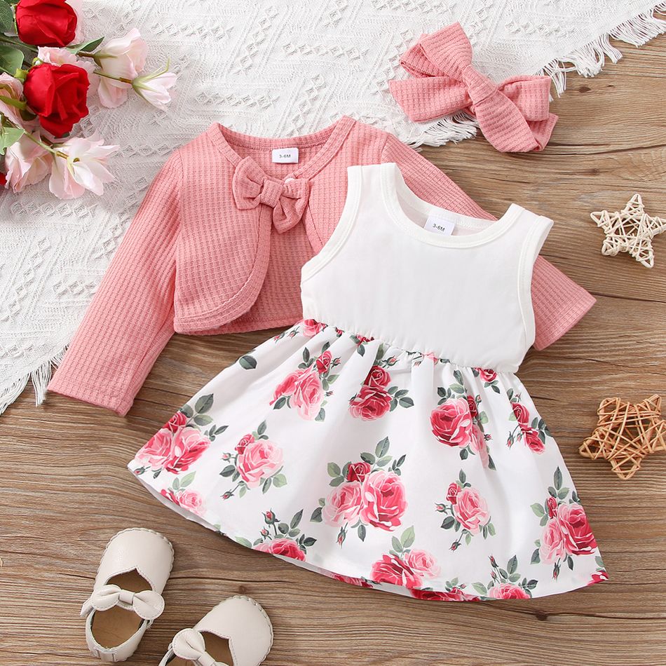 3pcs Baby Girl Floral Print & Solid Spliced Tank Dress and Pink Waffle Long-sleeve Cardigan & Headband Set Pink big image 1