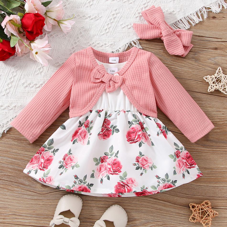 3pcs Baby Girl Floral Print & Solid Spliced Tank Dress and Pink Waffle Long-sleeve Cardigan & Headband Set Pink big image 2