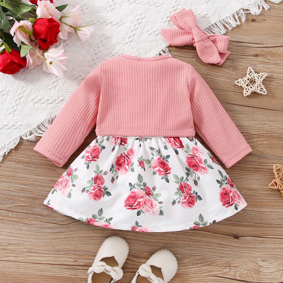 3pcs Baby Girl Floral Print & Solid Spliced Tank Dress and Pink Waffle Long-sleeve Cardigan & Headband Set Pink big image 3