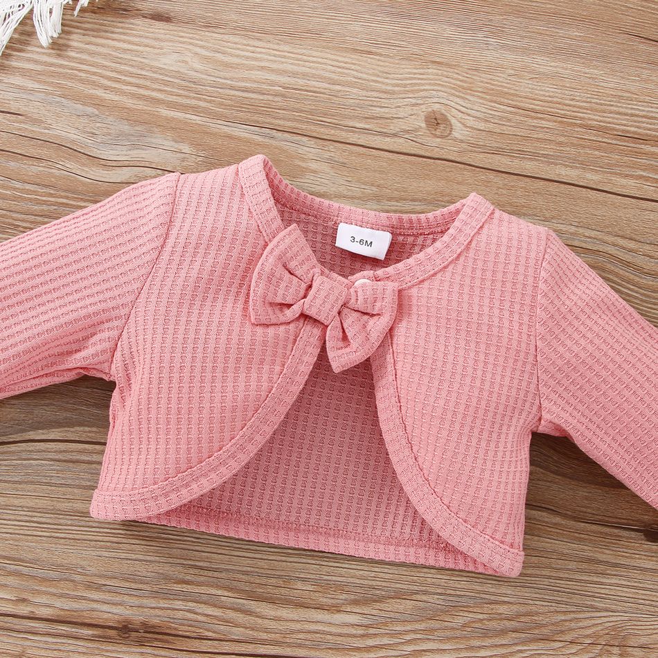 3pcs Baby Girl Floral Print & Solid Spliced Tank Dress and Pink Waffle Long-sleeve Cardigan & Headband Set Pink big image 6