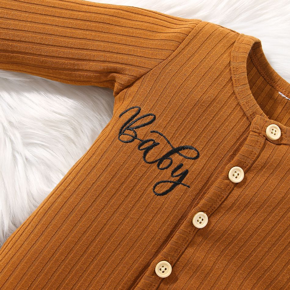 Baby Boy/Girl Letter Embroidered Long-sleeve Ribbed Jumpsuit Brown big image 4