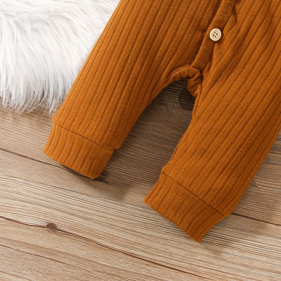 Baby Boy/Girl Letter Embroidered Long-sleeve Ribbed Jumpsuit Brown big image 6