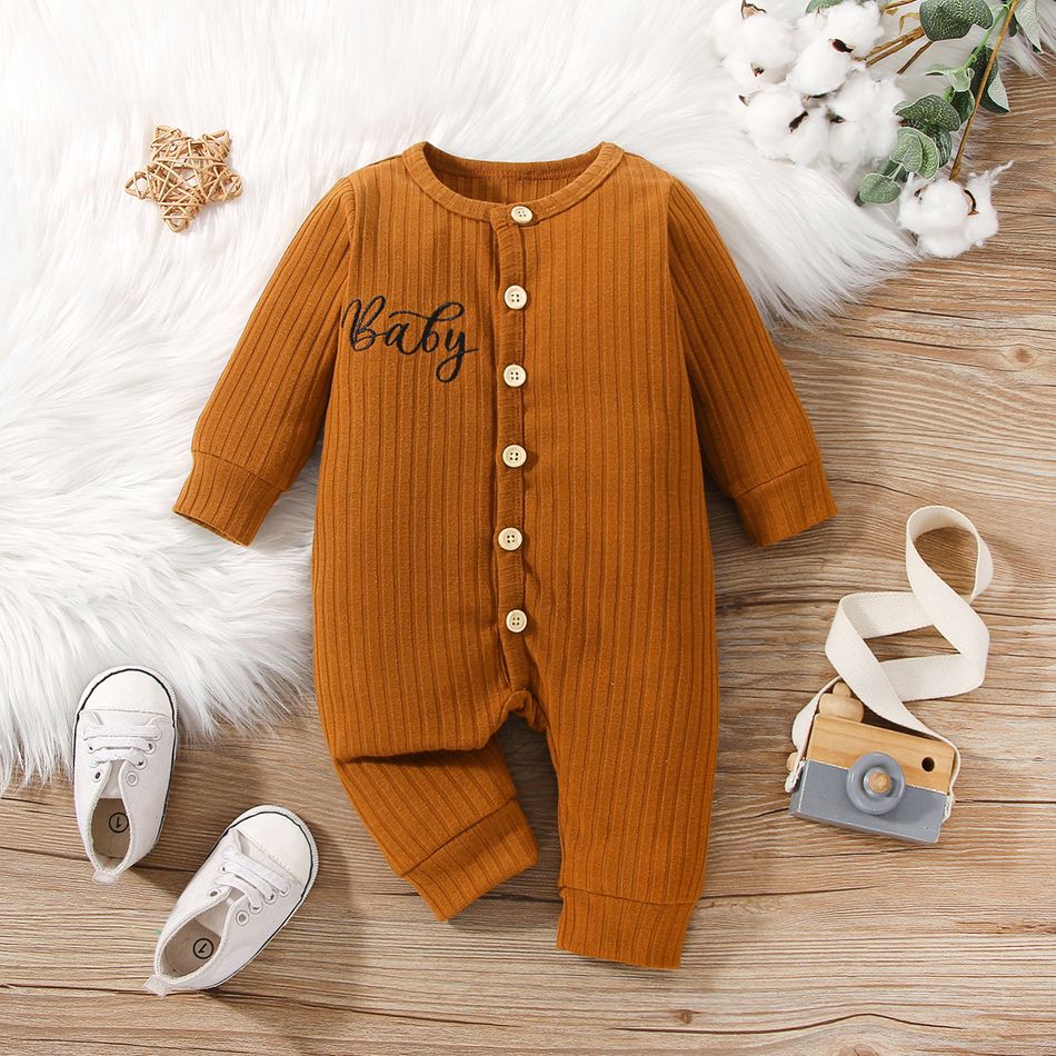 Baby Boy/Girl Letter Embroidered Long-sleeve Ribbed Jumpsuit Brown