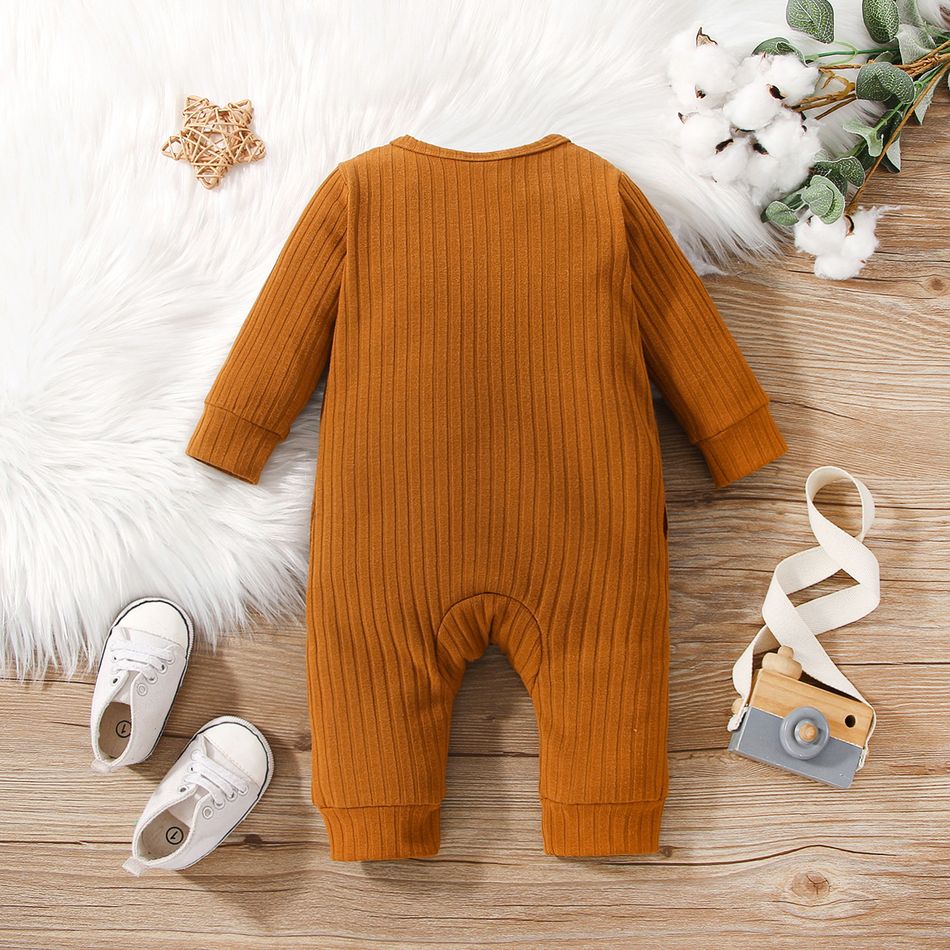 Baby Boy/Girl Letter Embroidered Long-sleeve Ribbed Jumpsuit Brown big image 3