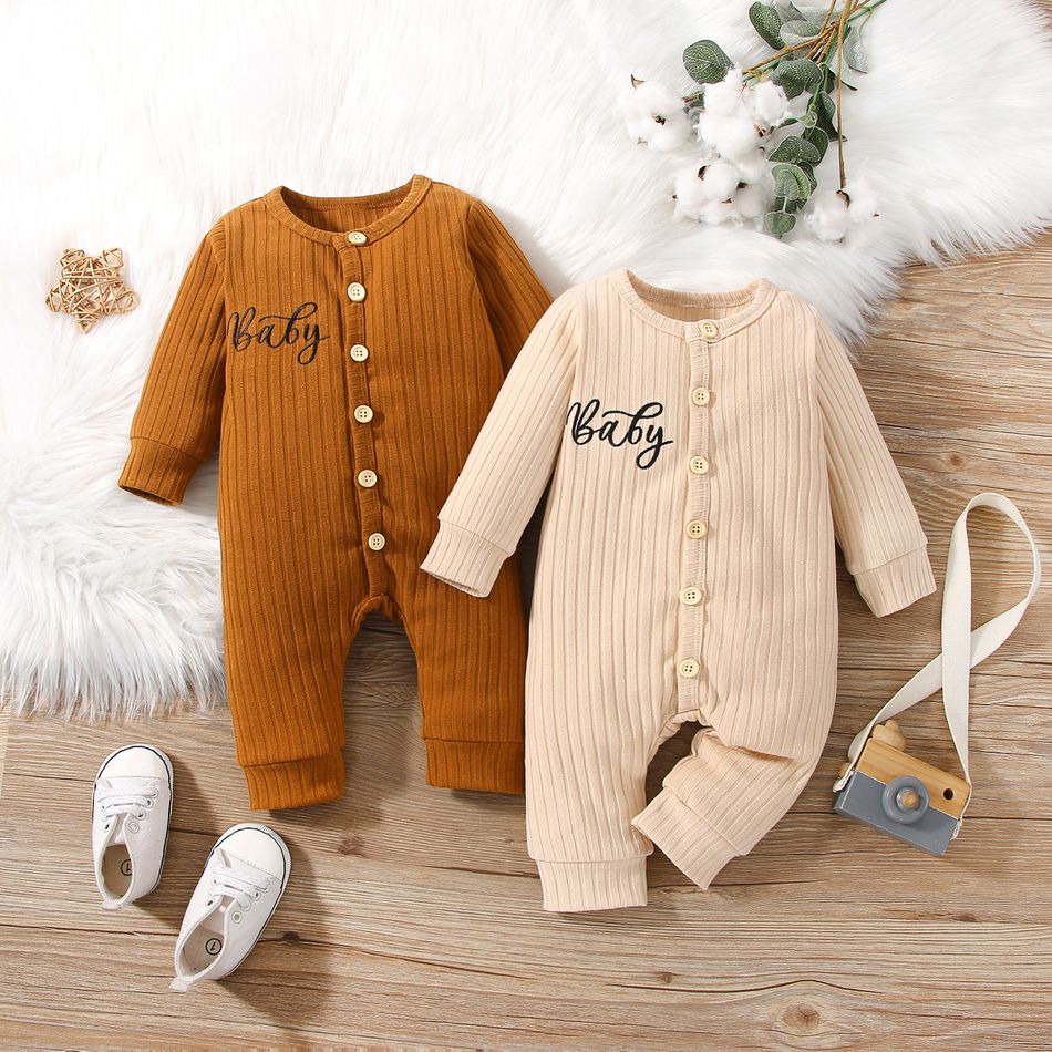 Baby Boy/Girl Letter Embroidered Long-sleeve Ribbed Jumpsuit Brown big image 2