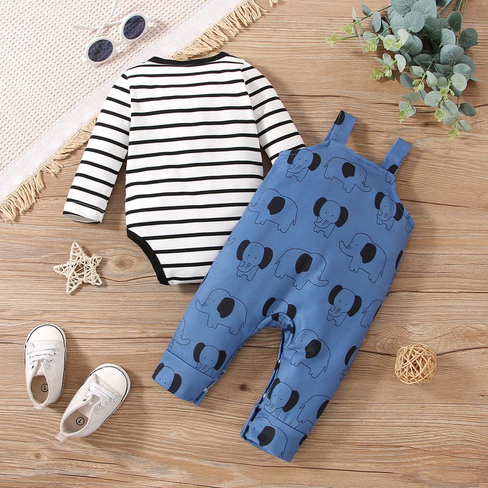 2pcs Baby Boy Long-sleeve Striped Romper and Elephant Graphic Overalls Set Bluish Grey big image 3