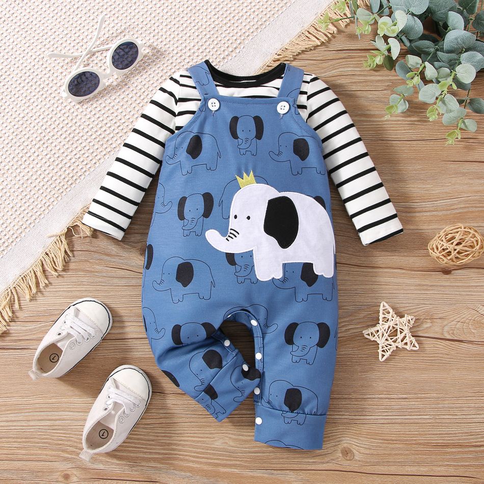 2pcs Baby Boy Long-sleeve Striped Romper and Elephant Graphic Overalls Set Bluish Grey