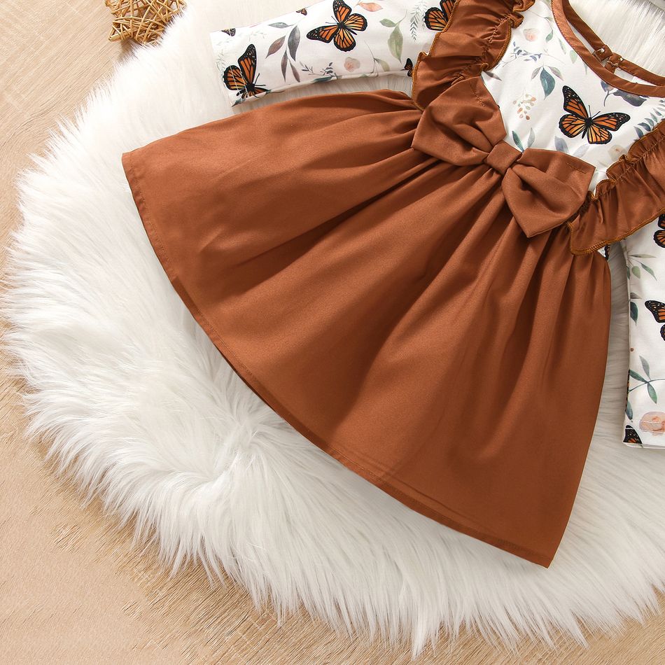 2pcs Baby Girl Butterfly Print Long-sleeve Spliced Solid Ruffle Trim Bow Front Dress with Headband Set Brown big image 4