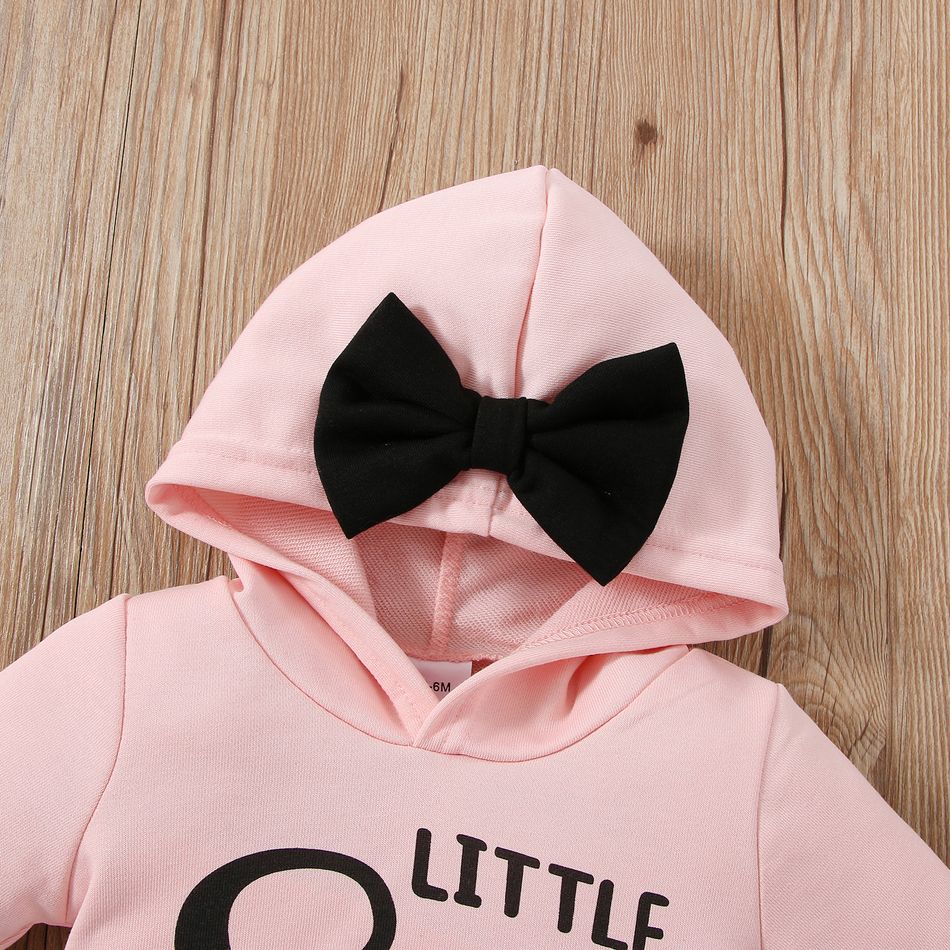 2pcs Baby Girl Bow Front Letter Print Long-sleeve Hoodie and Colorblock Pants Set Pink big image 3