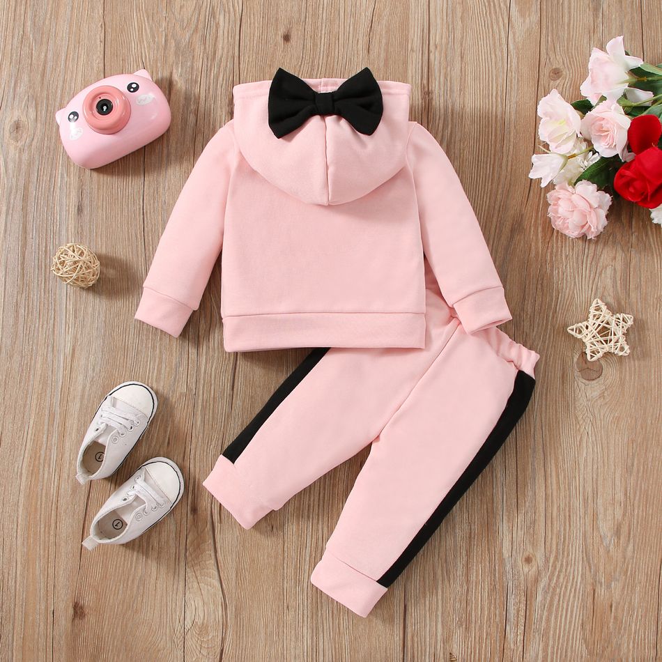2pcs Baby Girl Bow Front Letter Print Long-sleeve Hoodie and Colorblock Pants Set Pink big image 2